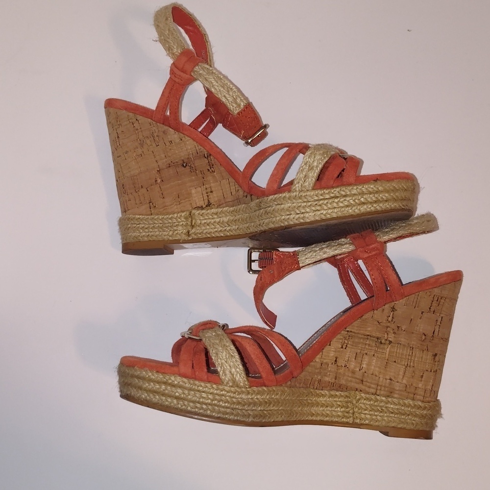 White House Black Market Juniper Leather/Cork Wedges Orange 6 1/2 Women's - Picture 2 of 9
